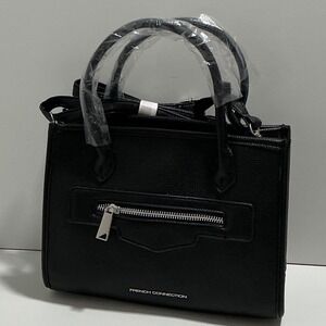 French Connection Womens Black Pebbled Faux Leather Satchel Crossbody Bag